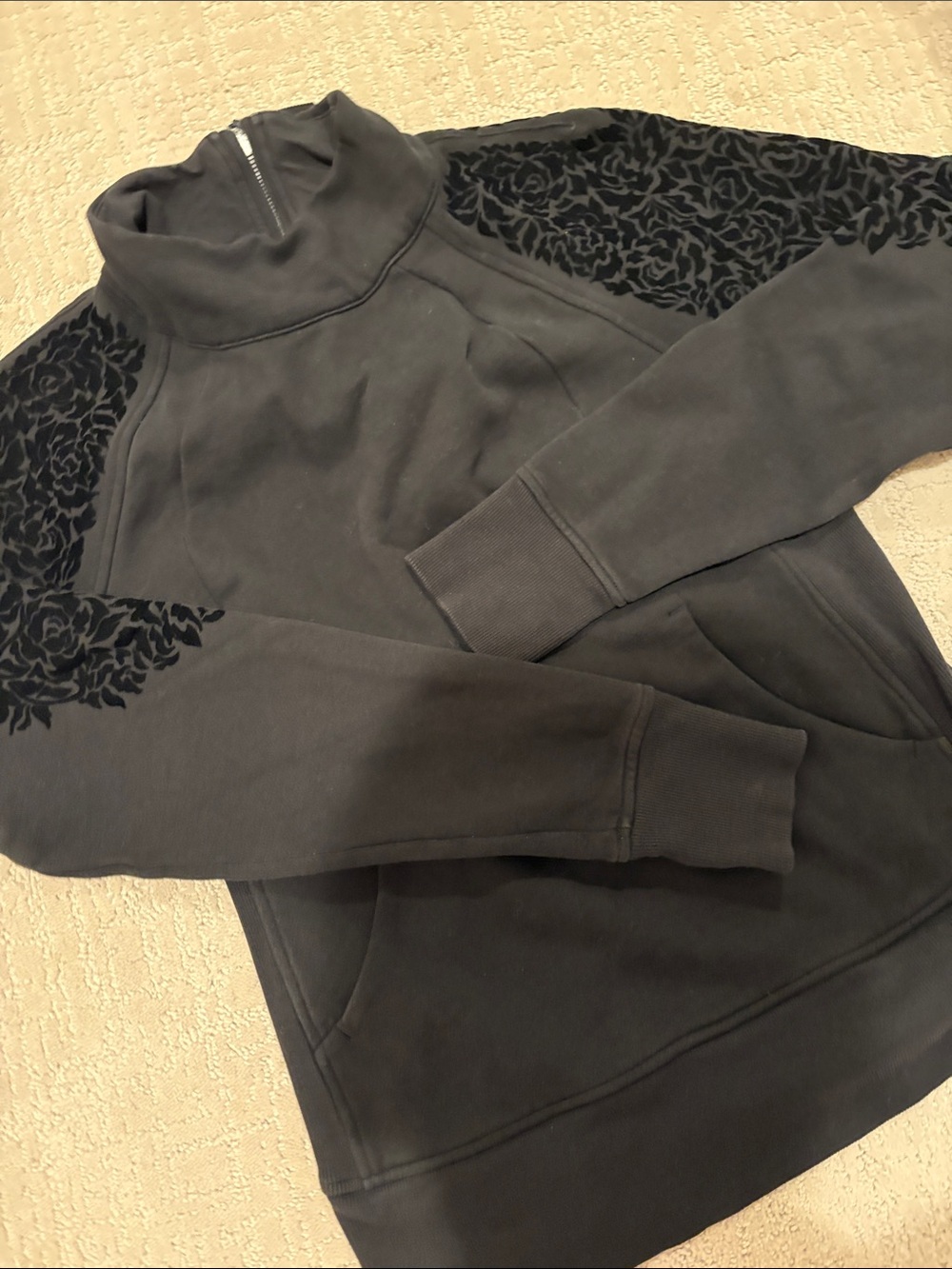 Lululemon Black Floral-Embellished Funnel Neck Pullover Jacket